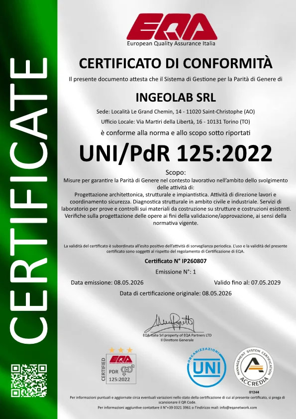 Certificato aziendale UNI/PdR 125:2022 per la parità di genere e la sostenibilità sociale InGeoLab